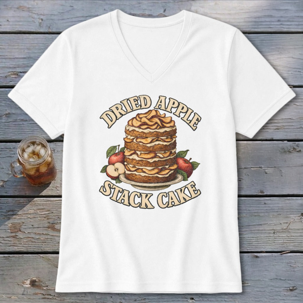 Dried Apple Stack Cake graphic with apples and leaves on a white shirt.