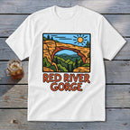 White t-shirt with Red River Gorge graphic featuring a natural arch and forest.