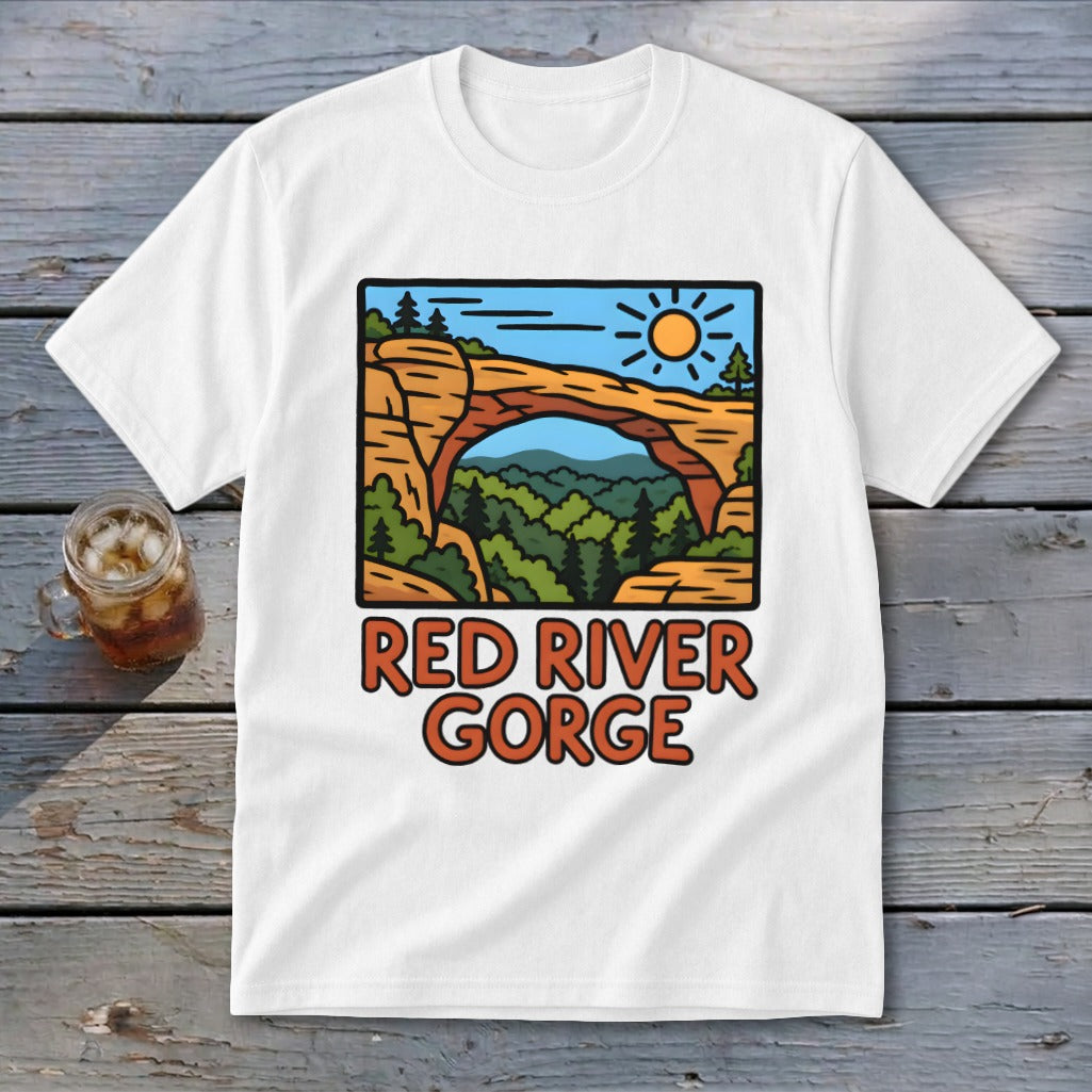 White t-shirt with Red River Gorge graphic featuring a natural arch and forest.