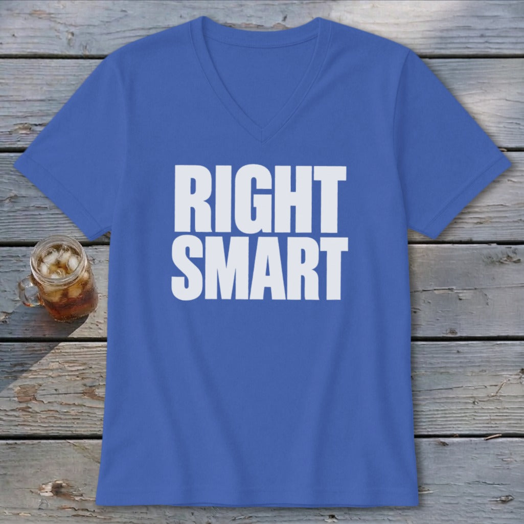 Blue v-neck t-shirt with white text "RIGHT SMART" and a glass of iced tea.