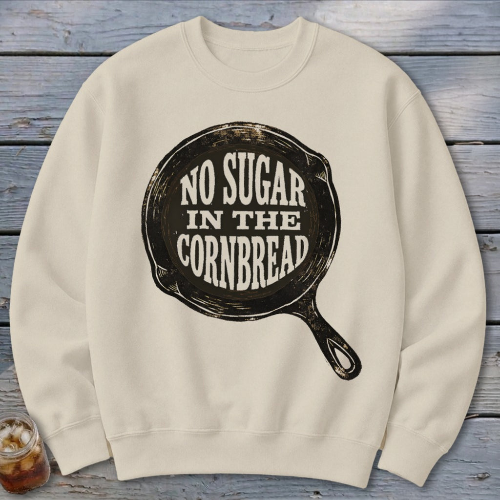 Cream sweatshirt with black text "NO SUGAR IN THE CORNBREAD" inside a skillet graphic.