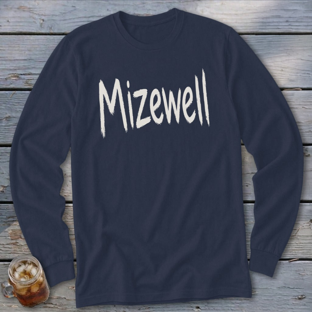 Navy long sleeve shirt with "Mizewell" in distressed white text.