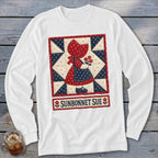 White long-sleeve shirt featuring a Sunbonnet Sue quilt block design.
