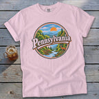 Pink t-shirt with circular Pennsylvania nature graphic and deer.