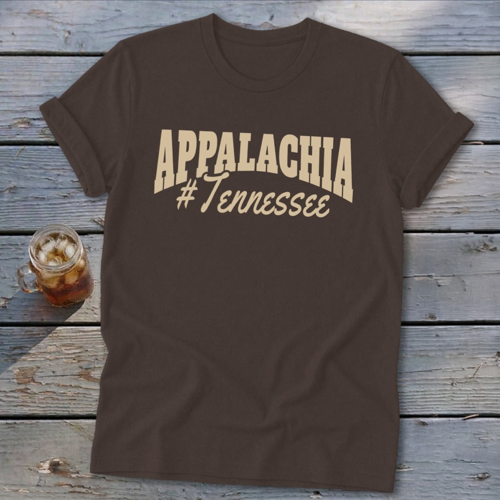 Brown t-shirt with "Appalachia #Tennessee" text in beige.