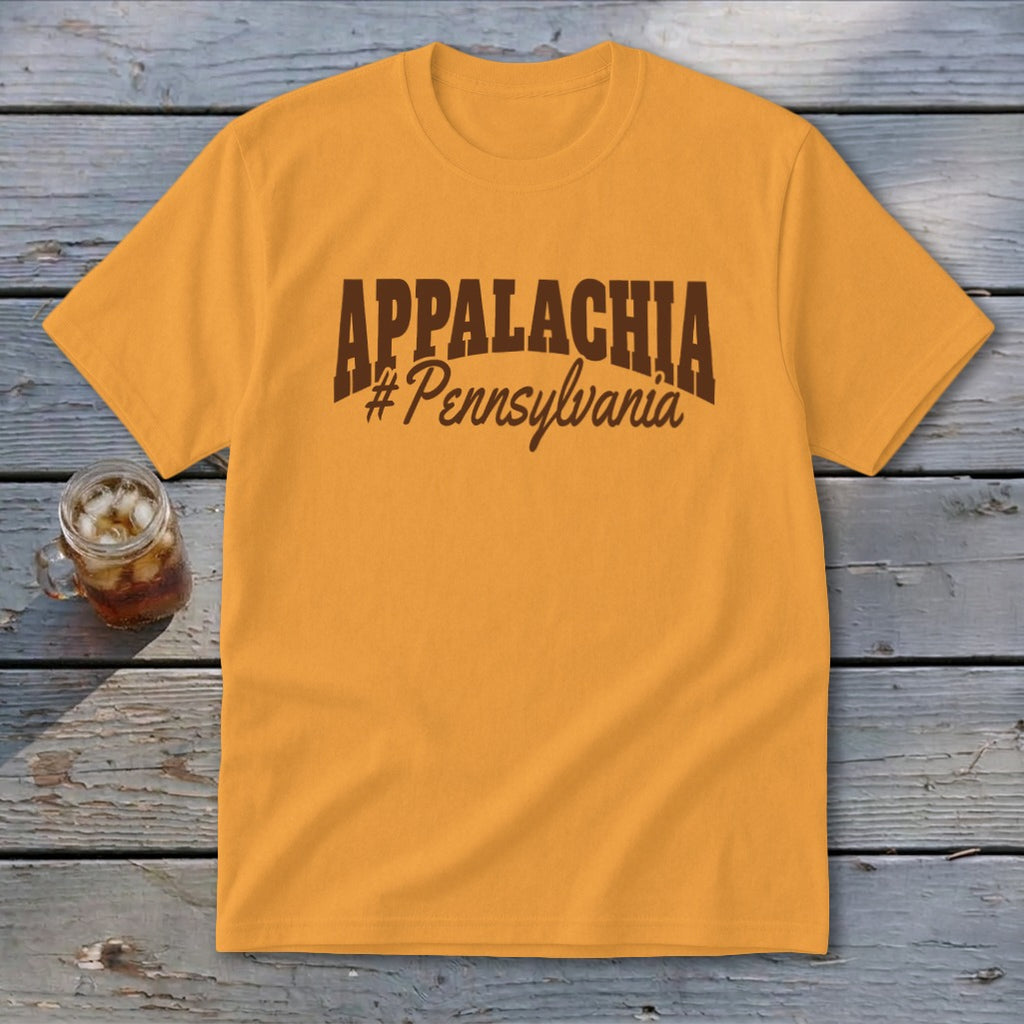 Gold t-shirt with brown text reading "APPALACHIA #Pennsylvania".