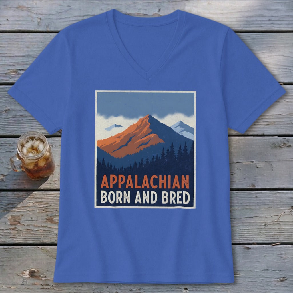 A blue V-neck t-shirt featuring a mountain graphic and the text Appalachian Born and Bred.