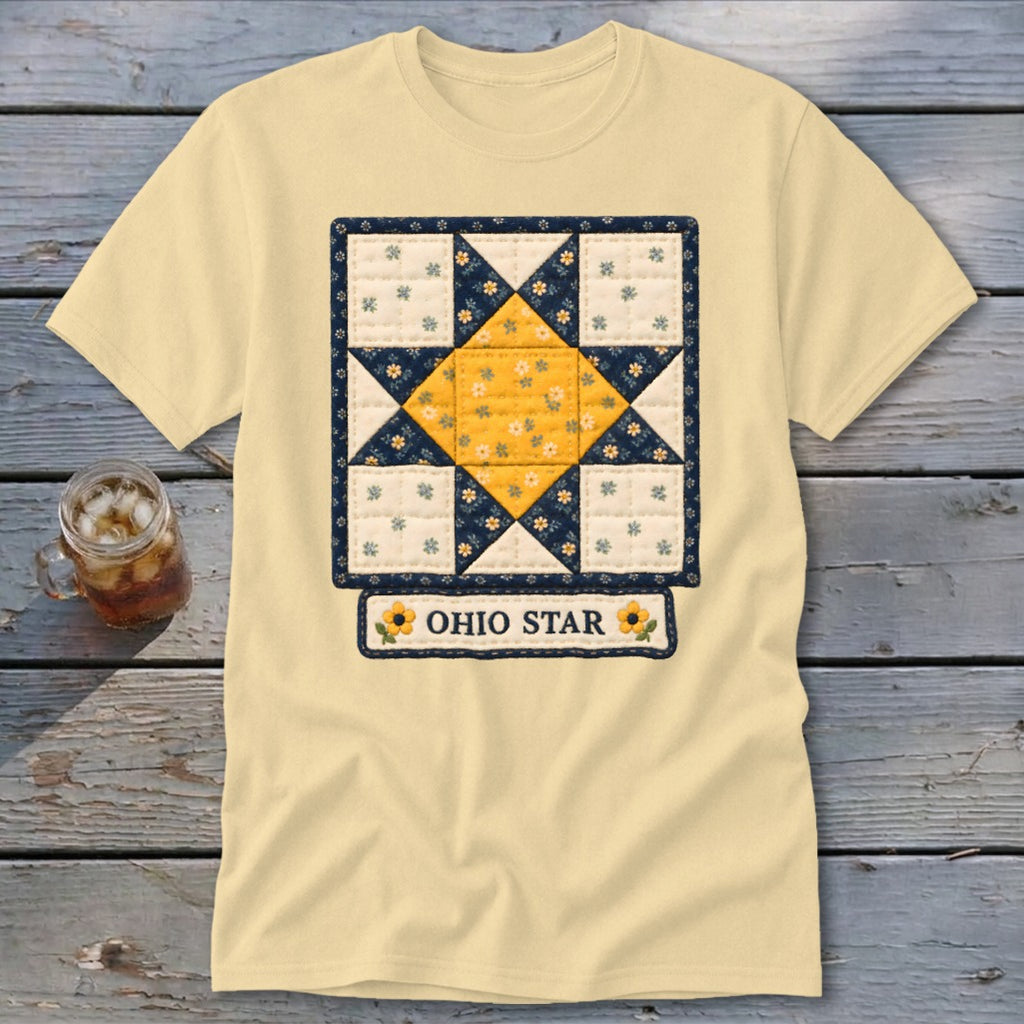 Yellow t-shirt with a quilt block graphic featuring an Ohio Star and the text "OHIO STAR."