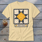Yellow t-shirt with a quilt block graphic featuring an Ohio Star and the text "OHIO STAR."