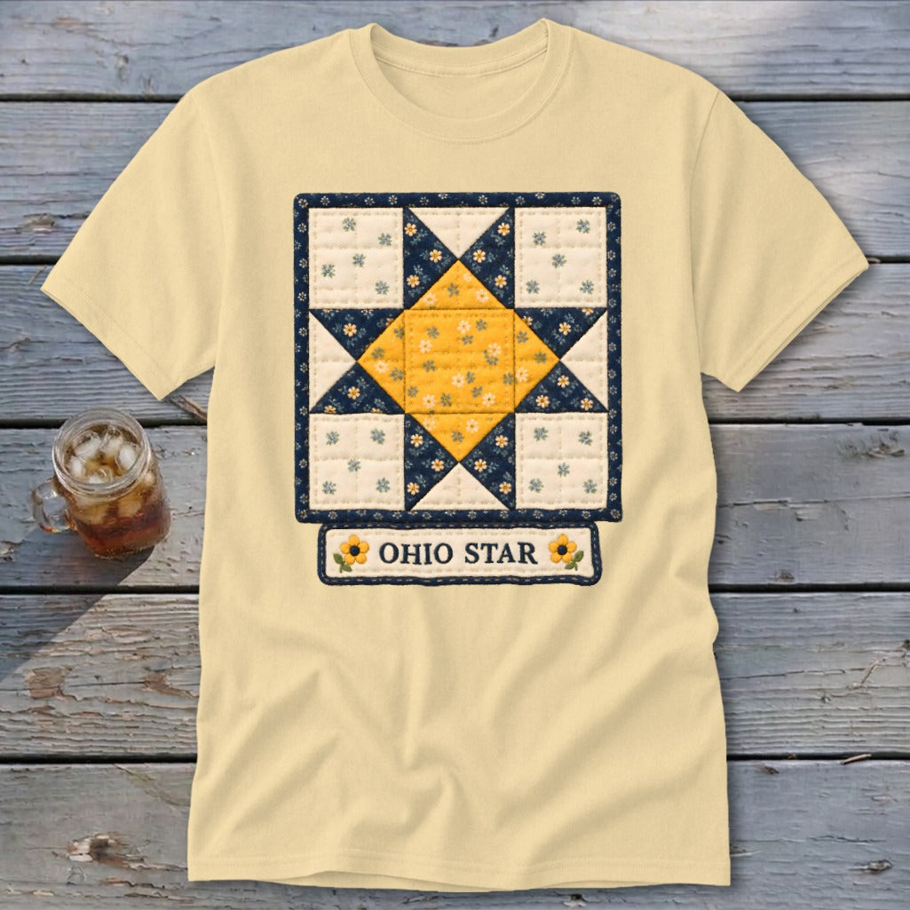 Yellow t-shirt with a quilt block graphic featuring an Ohio Star and the text "OHIO STAR."