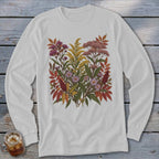 White long-sleeve shirt with a detailed illustration of fall wildflowers and leaves.