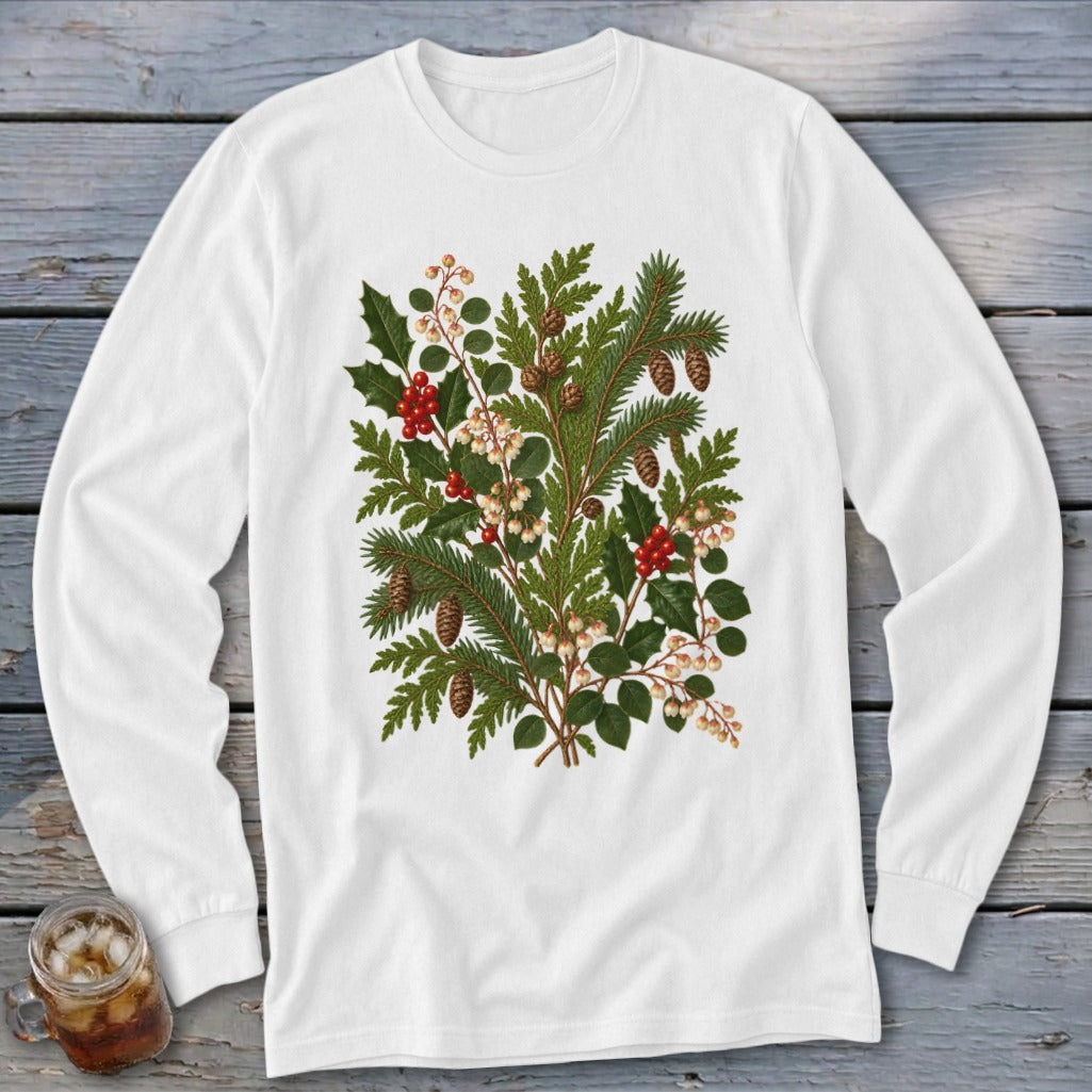 White long-sleeved shirt with a botanical print of holly, pine, and berries.