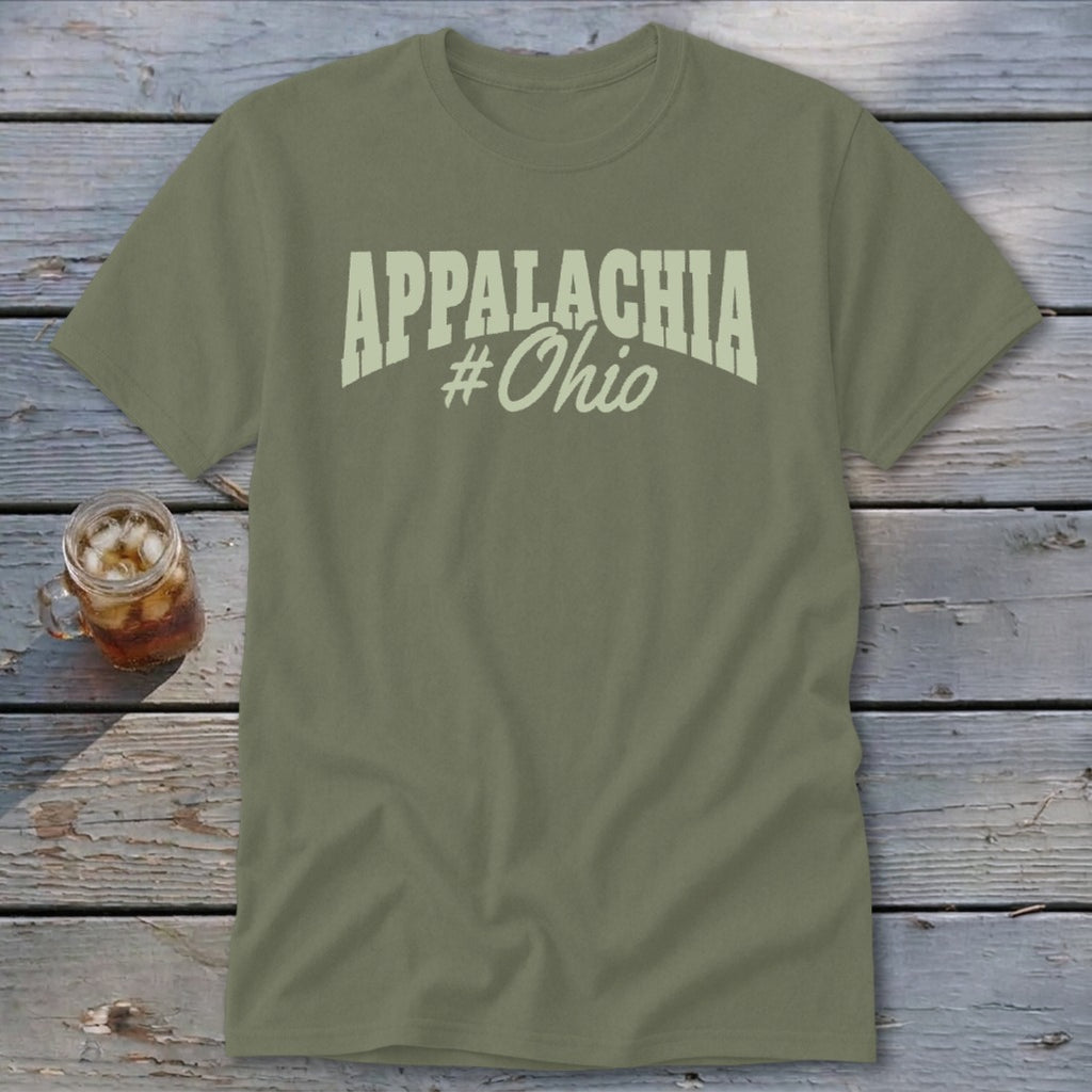 Olive t-shirt with "Appalachia #Ohio" text graphic in cream.