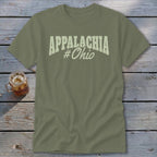 Olive t-shirt with "Appalachia #Ohio" text graphic in cream.