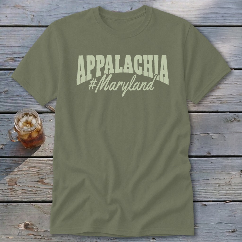 Olive green t-shirt with "APPALACHIA #Maryland" text in cream.