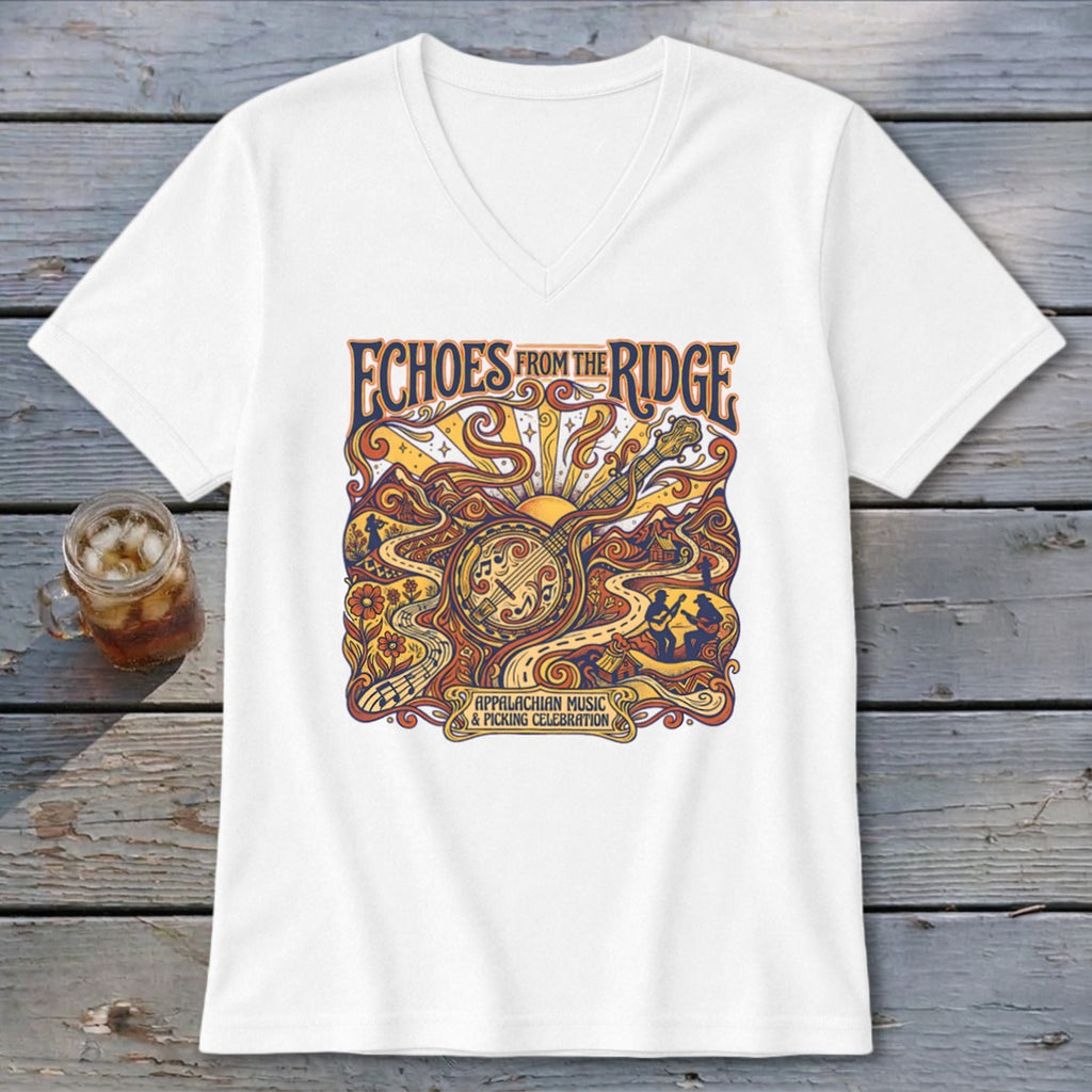 White v-neck t-shirt with "Echoes From the Ridge" and Appalachian music illustration.