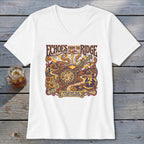 White v-neck t-shirt with "Echoes From the Ridge" and Appalachian music illustration.