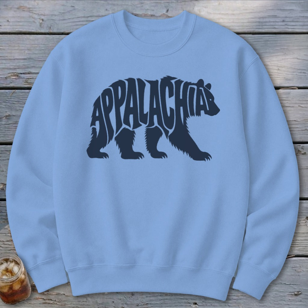 Light blue crewneck sweatshirt featuring a black graphic of a walking bear containing the text Appalachia.
