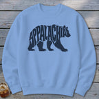 Light blue crewneck sweatshirt featuring a black graphic of a walking bear containing the text Appalachia.