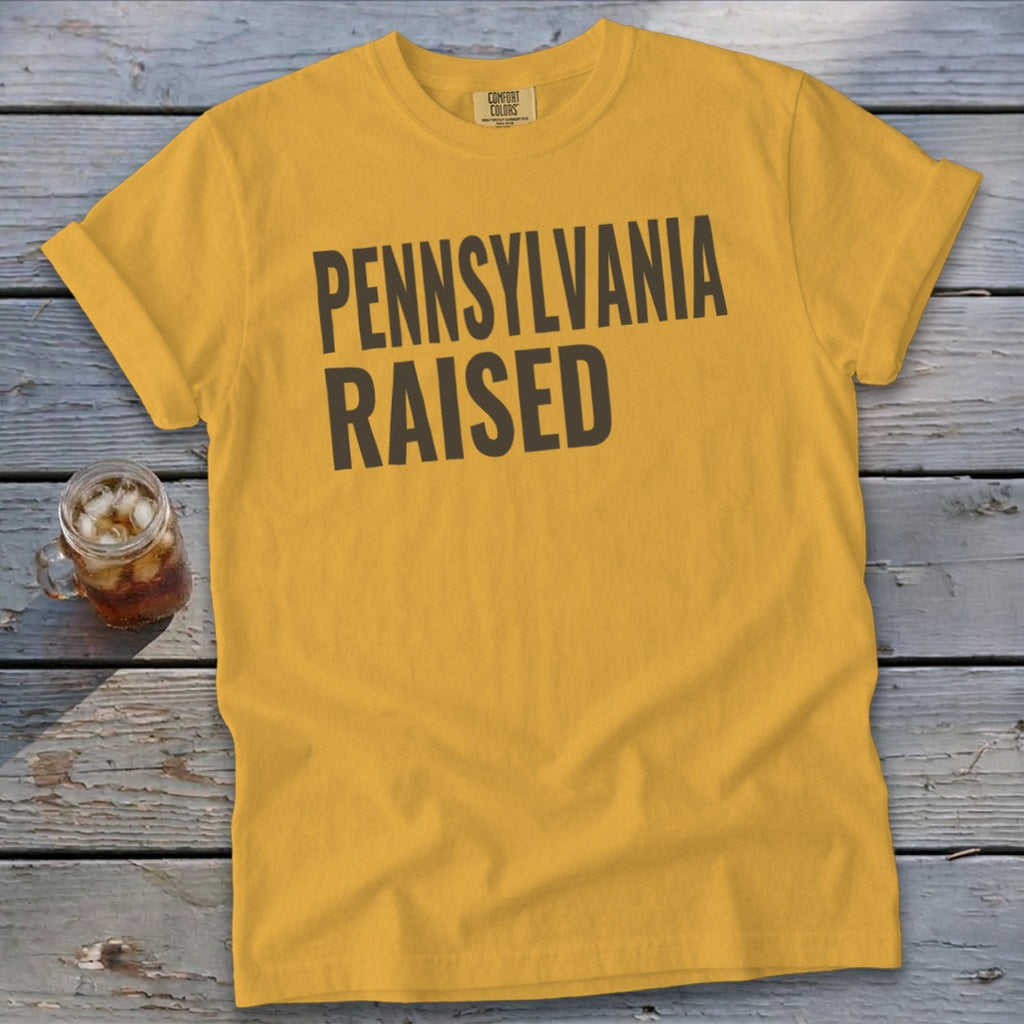 Yellow t-shirt with "PENNSYLVANIA RAISED" in dark gray text.