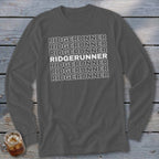 Charcoal long-sleeve shirt with white text "RIDGERUNNER" repeated seven times.