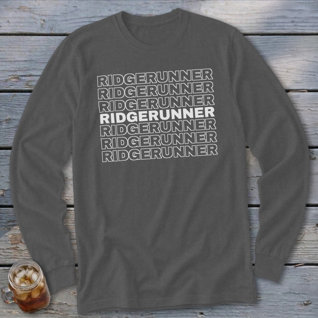 Charcoal long-sleeve shirt with white text "RIDGERUNNER" repeated seven times.