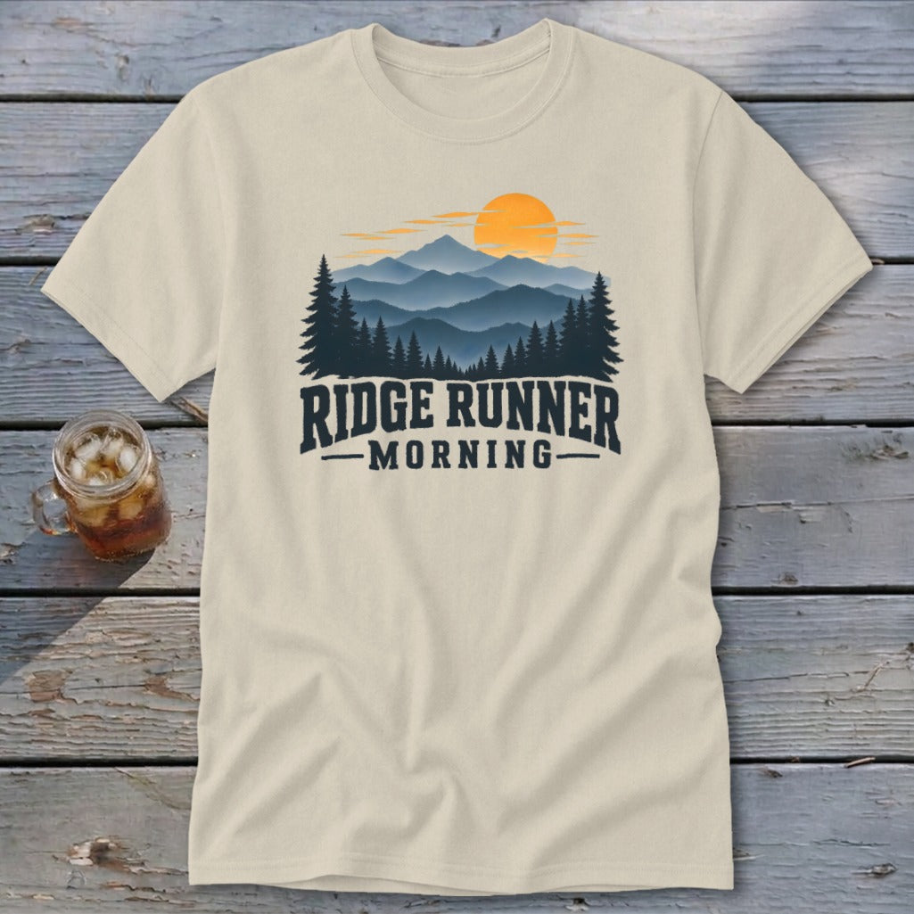 T-shirt with mountains, trees, sun, and text "RIDGE RUNNER MORNING."