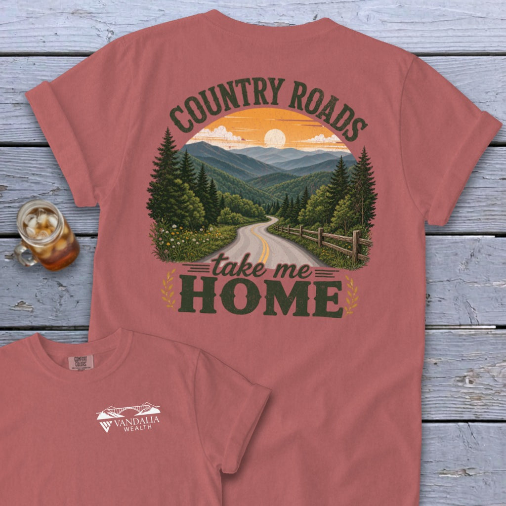 T-shirt with "Country Roads take me HOME" graphic and scenic mountain road.