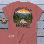 T-shirt with "Country Roads take me HOME" graphic and scenic mountain road.