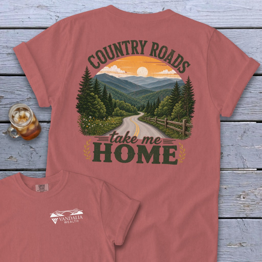 T-shirt with "Country Roads take me HOME" graphic and scenic mountain road.
