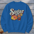 Blue crewneck sweatshirt featuring a graphic with the text Sugar, a cornbread piece with a red X, and a glass of iced tea with a green checkmark.