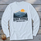 White long-sleeve shirt with "RIDGE RUNNER MORNING" text and mountain sunset graphic.