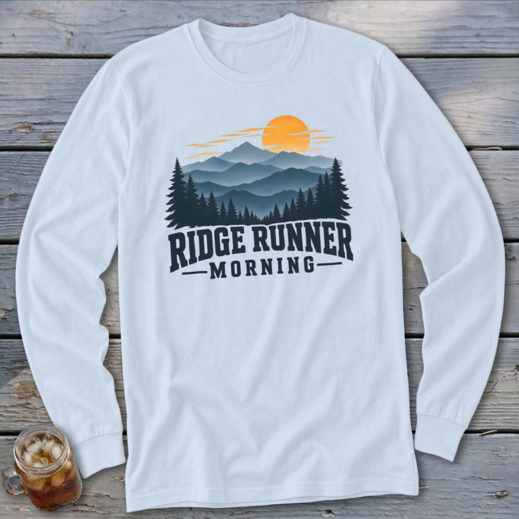 White long-sleeve shirt with "RIDGE RUNNER MORNING" text and mountain sunset graphic.