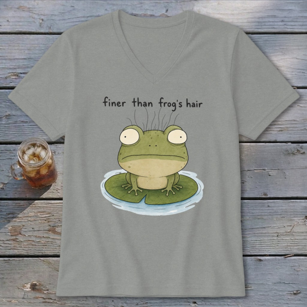 Heather gray V-neck t-shirt featuring a cartoon frog on a lily pad with the text "finer than frog's hair".