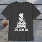 Dark grey v-neck shirt with white "Coal Camp Kid" graphic of a seated boy.