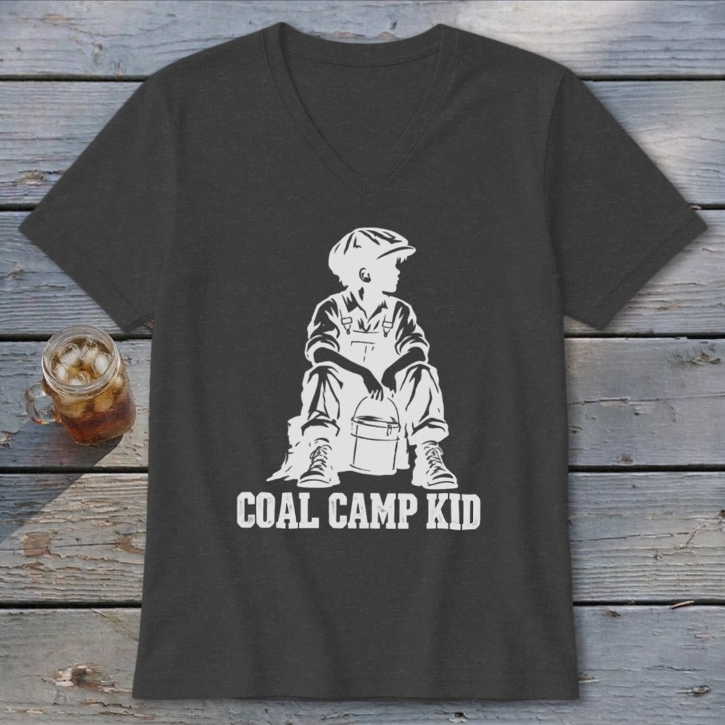 Dark grey v-neck shirt with white "Coal Camp Kid" graphic of a seated boy.