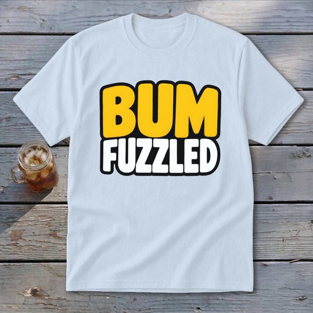 A light blue t-shirt printed with the word BUMFUZZLED in yellow and white text.