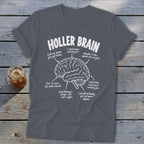 Dark grey t-shirt with white text and brain graphic: "Holler Brain" with canning jar thoughts.