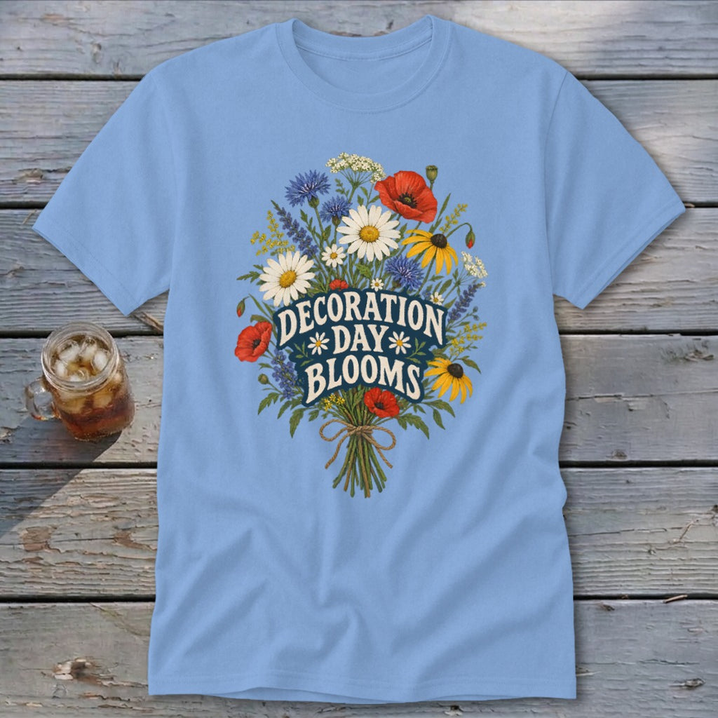 Light blue t-shirt with a floral bouquet graphic reading "Decoration Day Blooms."