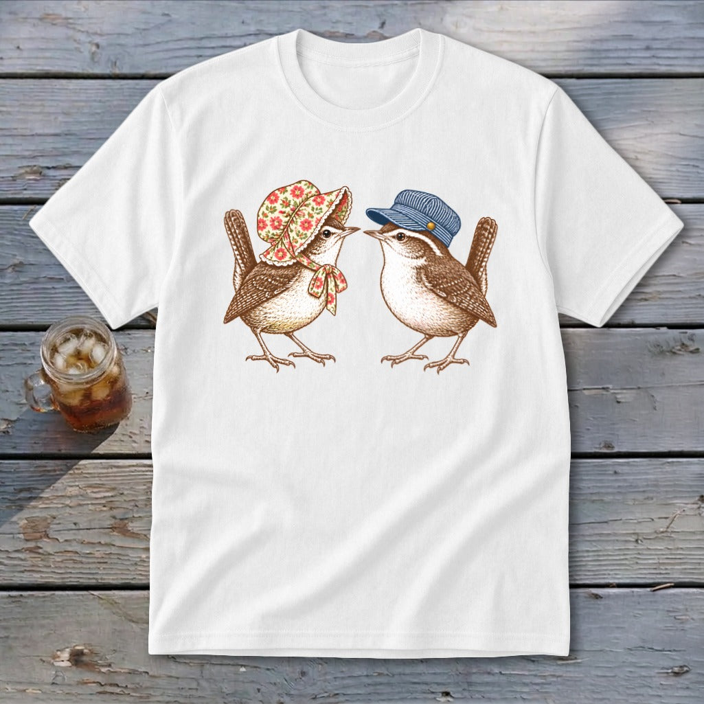 White t-shirt with a vintage illustration of two wrens wearing hats.