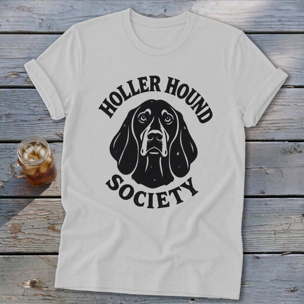 White t-shirt with black "Holler Hound Society" text and dog graphic.