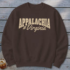 Brown sweatshirt with "Appalachia #Virginia" text in beige.