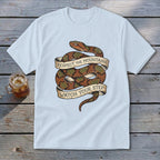 White t-shirt with coiled snake graphic and text "Respect the Mountains Watch Your Step".
