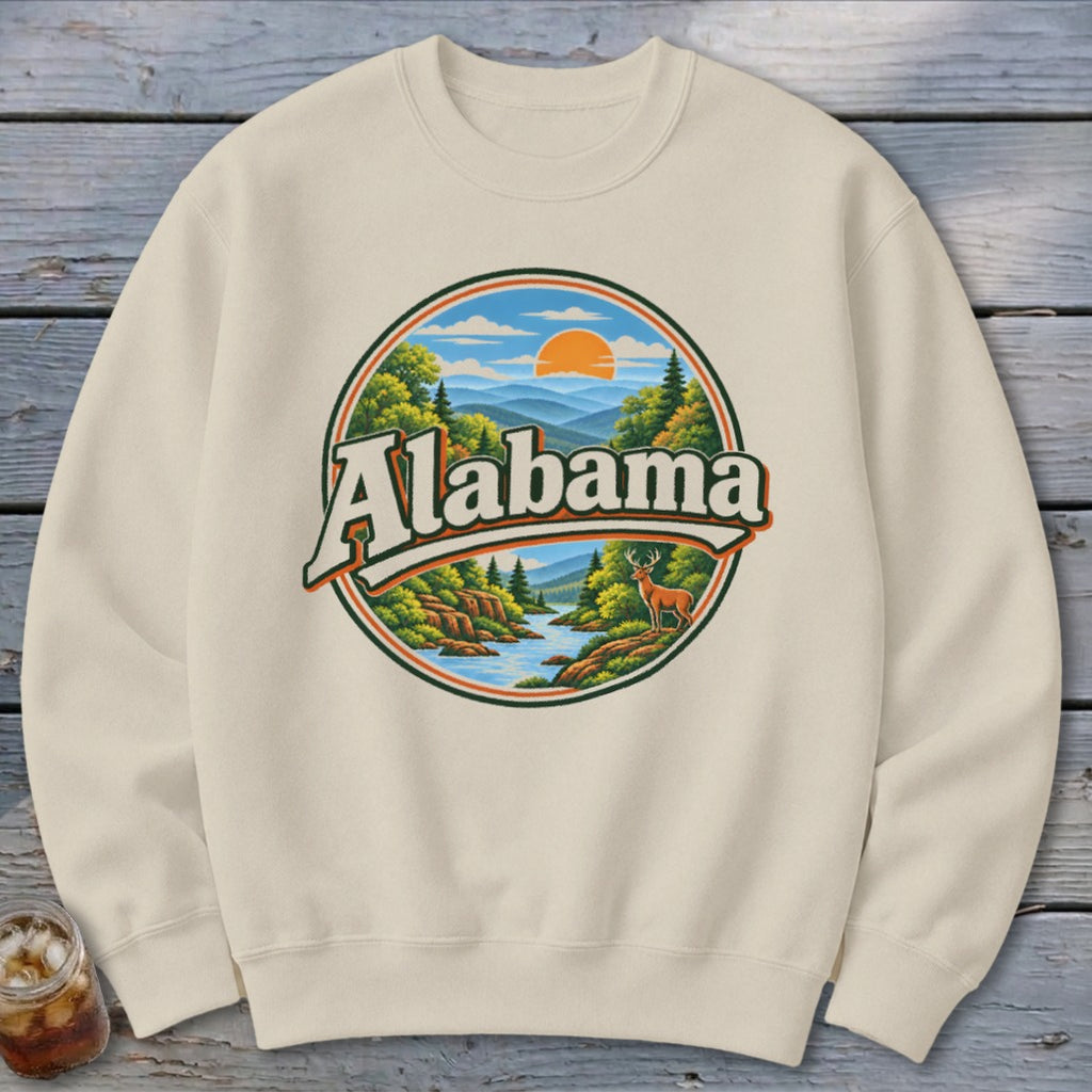 Cream sweatshirt with a circular graphic featuring "Alabama" and a scenic landscape with mountains, trees, and a deer.