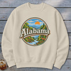 Cream sweatshirt with a circular graphic featuring "Alabama" and a scenic landscape with mountains, trees, and a deer.