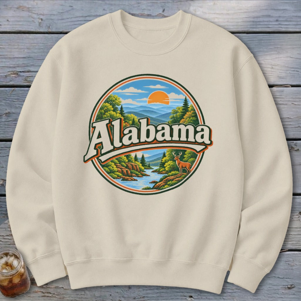 Cream sweatshirt with a circular graphic featuring "Alabama" and a scenic landscape with mountains, trees, and a deer.