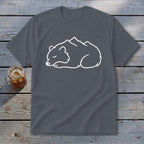 Gray t-shirt with white outline of a sleeping bear and mountains.