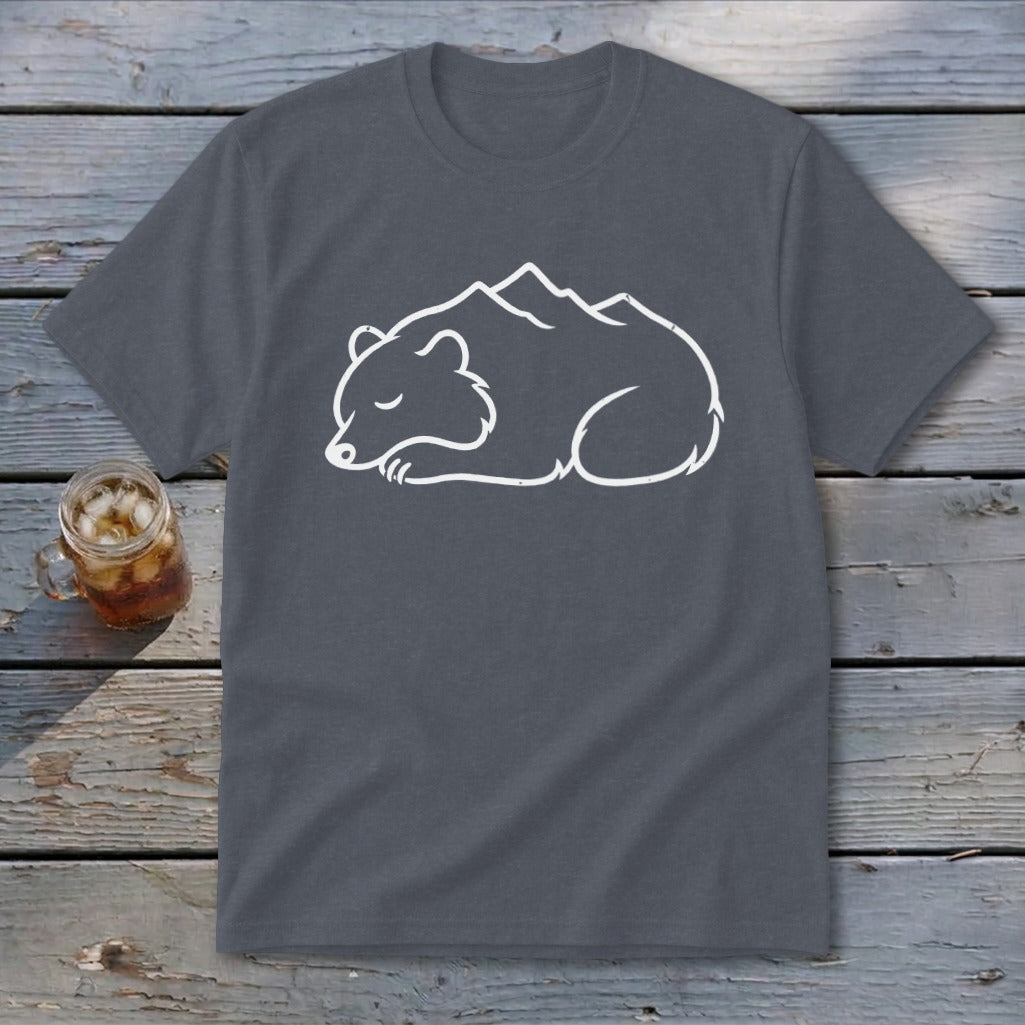 Gray t-shirt with white outline of a sleeping bear and mountains.