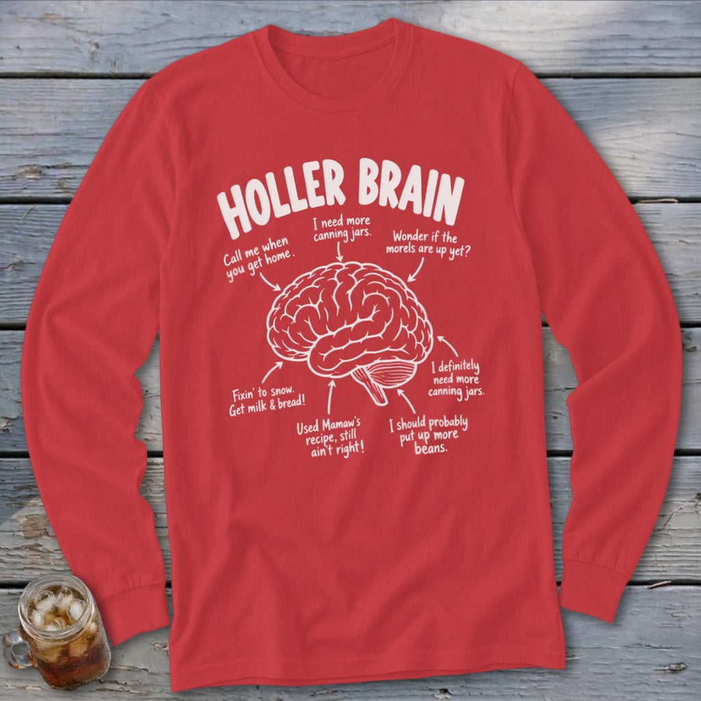 Red long-sleeve shirt with "Holler Brain" text and a brain illustration.