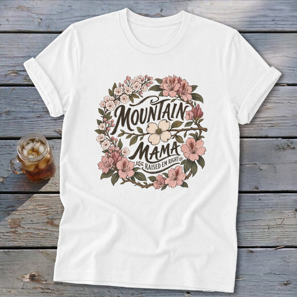 White t-shirt with "Mountain Mama Raised Em Right" text inside a floral wreath.